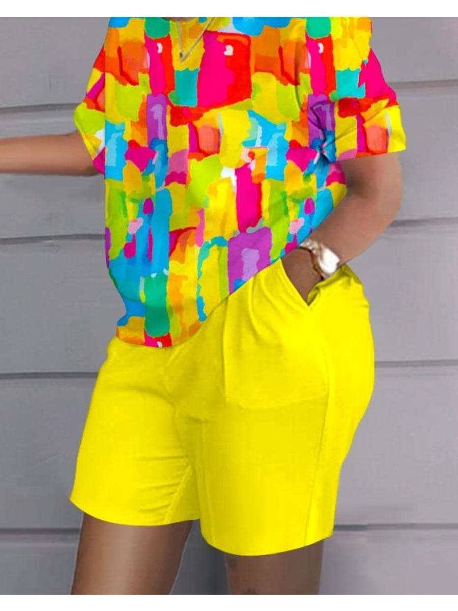 Urban Commuting Fashion Women's 2-Piece Spring Summer Latest 3D Print Casual Short Sleeves Top & Loose Shorts Set M
