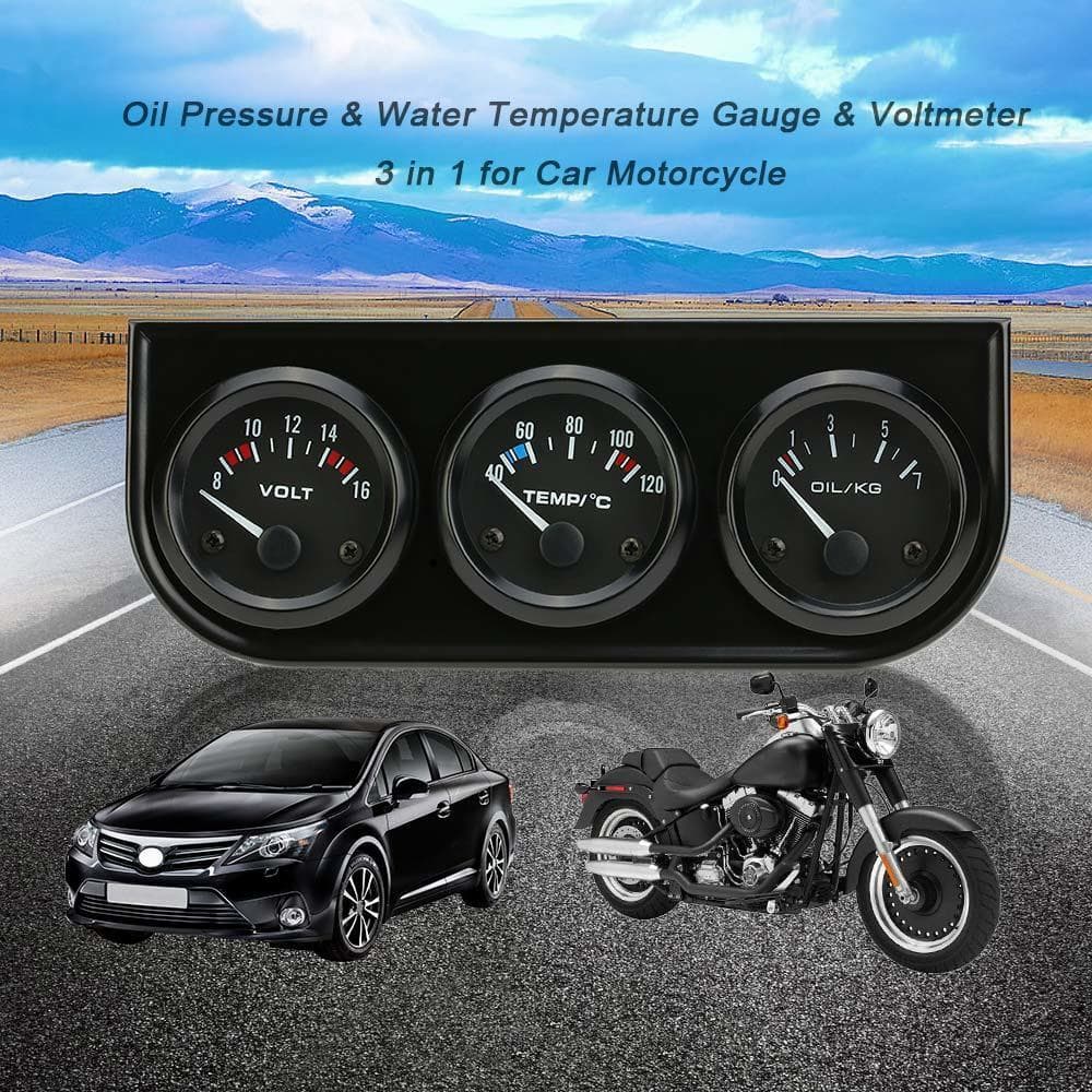 52mm Electronic Triple Gauge Kit Oil Pressure Water Temperature Gauge Voltmeter 3 in 1 Car Meter black