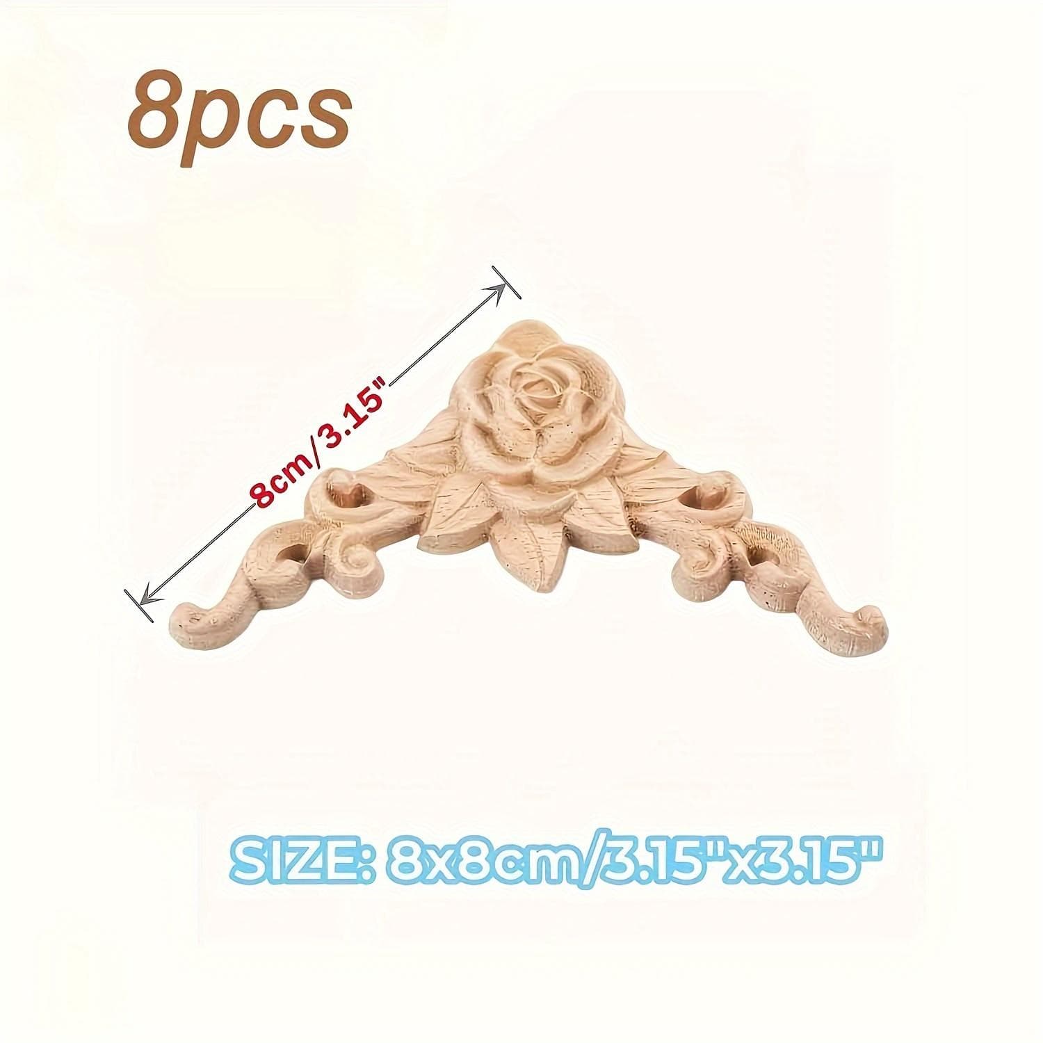 8pcs Carved Wood Appliques for Furniture, French-Style Floral Corner Woodcarvings, Unpainted Solid Wood Decorative Rosettes 8×8cm/3.15×3.15in