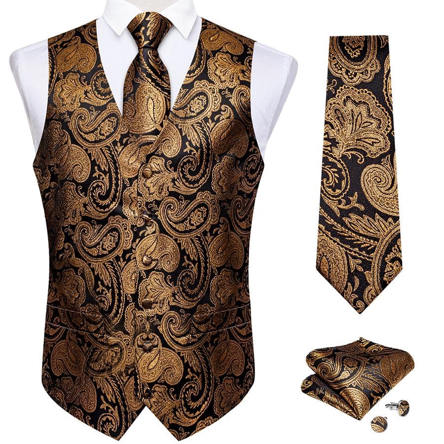 Dibangu Mens Yellow Paisley Vest Suit Waistcoat Hanky Cufflinks Tie Set Wedding XL