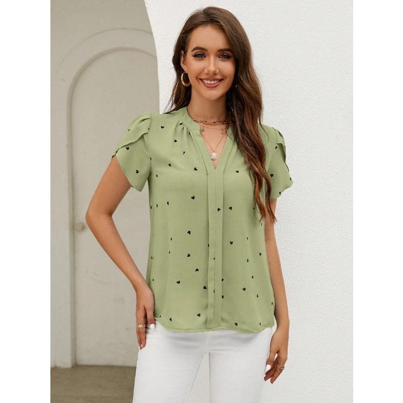 YYFS Women's Fashion Casual Summer Spring Love Print Short Sleeve V-Neck Blouses & Shirts XL green