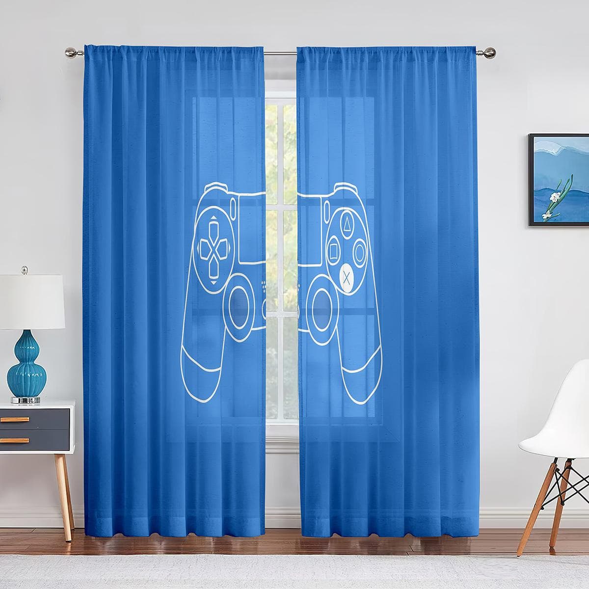 Boys Gamer Tulle Curtains for Living Room Decor Gaming Controller Video Game for Kids Sheer Voile Curtain Window Drapes Blinds 1 PCS W600XH250cm&Grommet Top