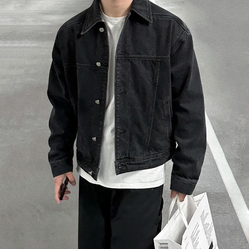 Retro Washed Denim Jacket Men's Distressed Loose Short Top Korean Style Trendy Lapel Work Jacket 2XL black
