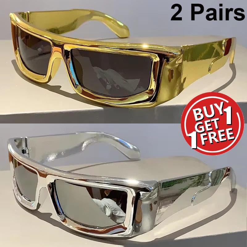 1 Pair Y2k Punk Mirror Sunglasses Men Women Metallic Rim Outdoor Sports Shades Trendy Futuristic Sun Glasses as picture shows