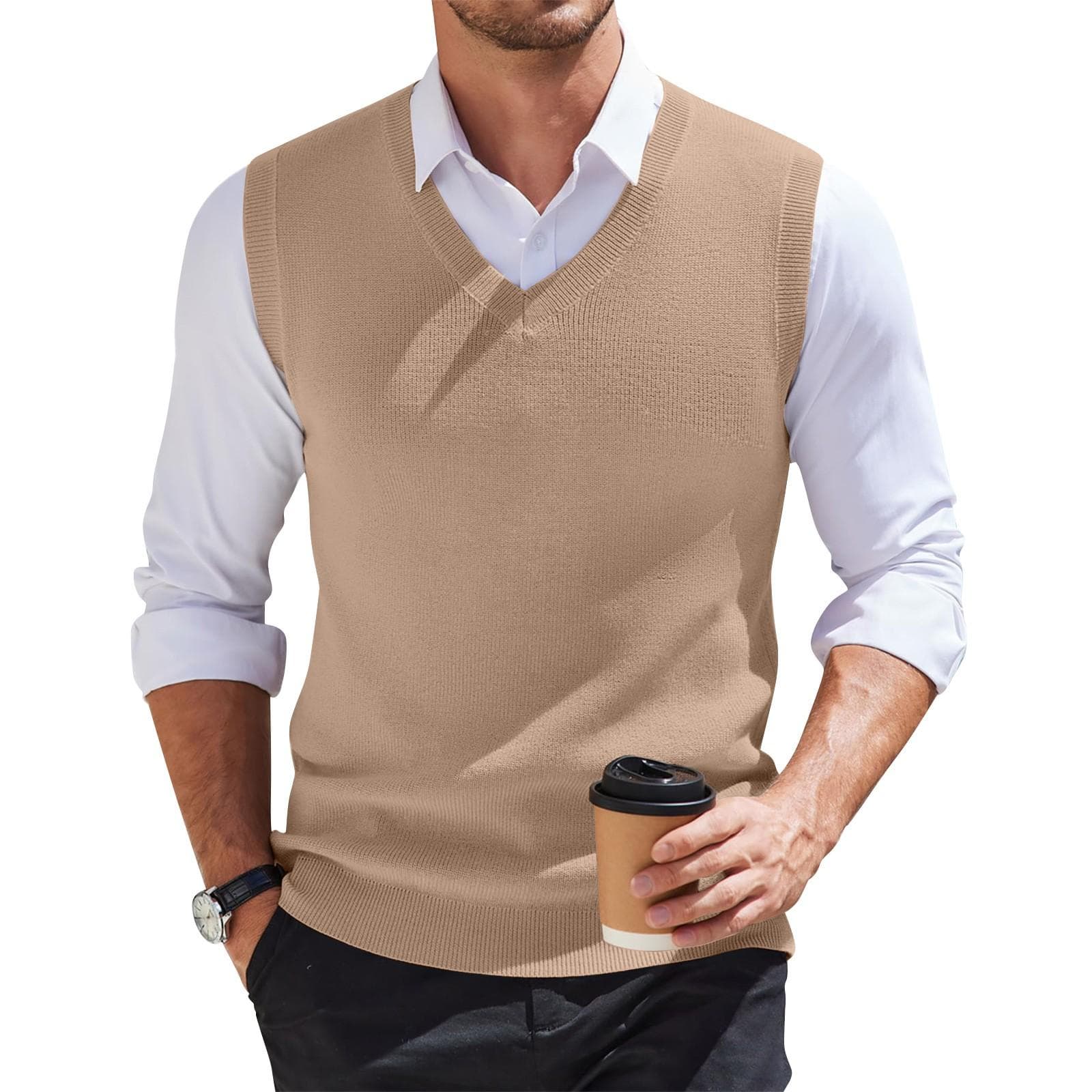 Men's V-neck Vest Sleeveless Knitted Pullover L khaki