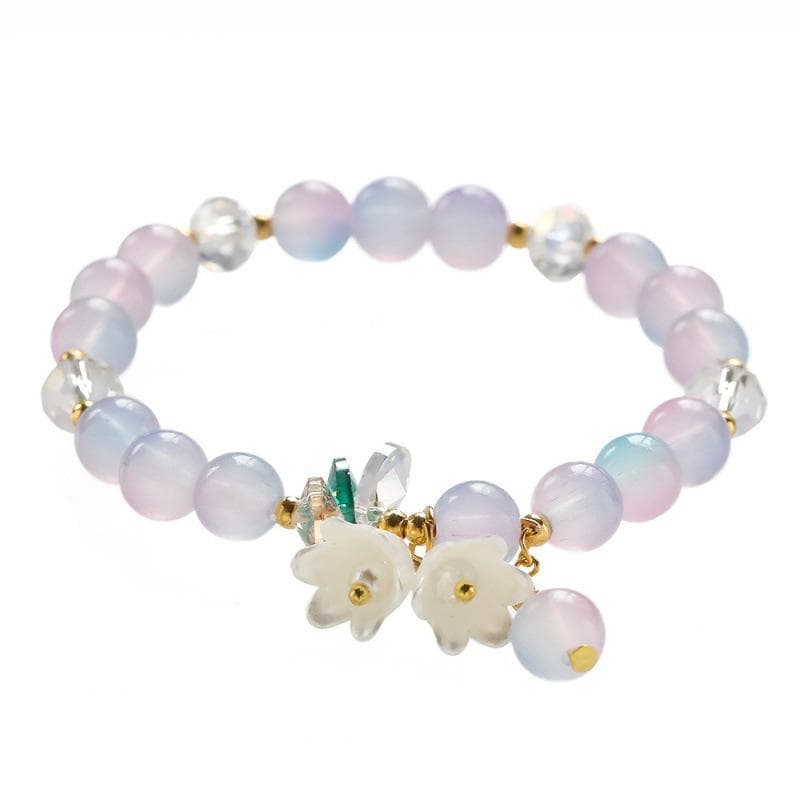 Cute Green Crystal Bead Bracelet for Women Trendy Lily Valley Flower Charm Elastic Adjustable Bracelet Wedding Birthday Jewelry