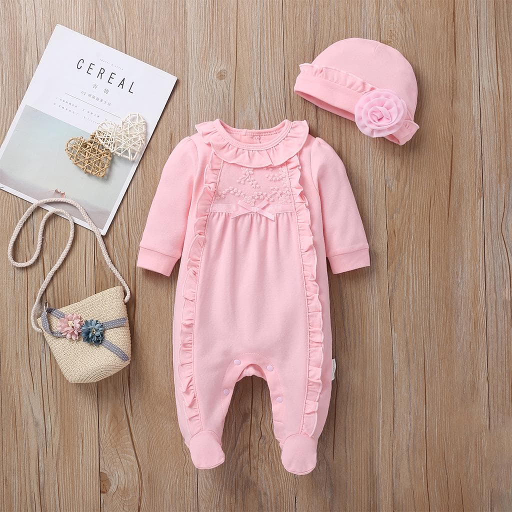 0-8Months Baby Girl Clothes Sets Newborn Baby Girl Cotton Outfits Embroidery Ruffles Foot Wrap Romper+3D Flower Hat 2Pcs 6-8 Months pink
