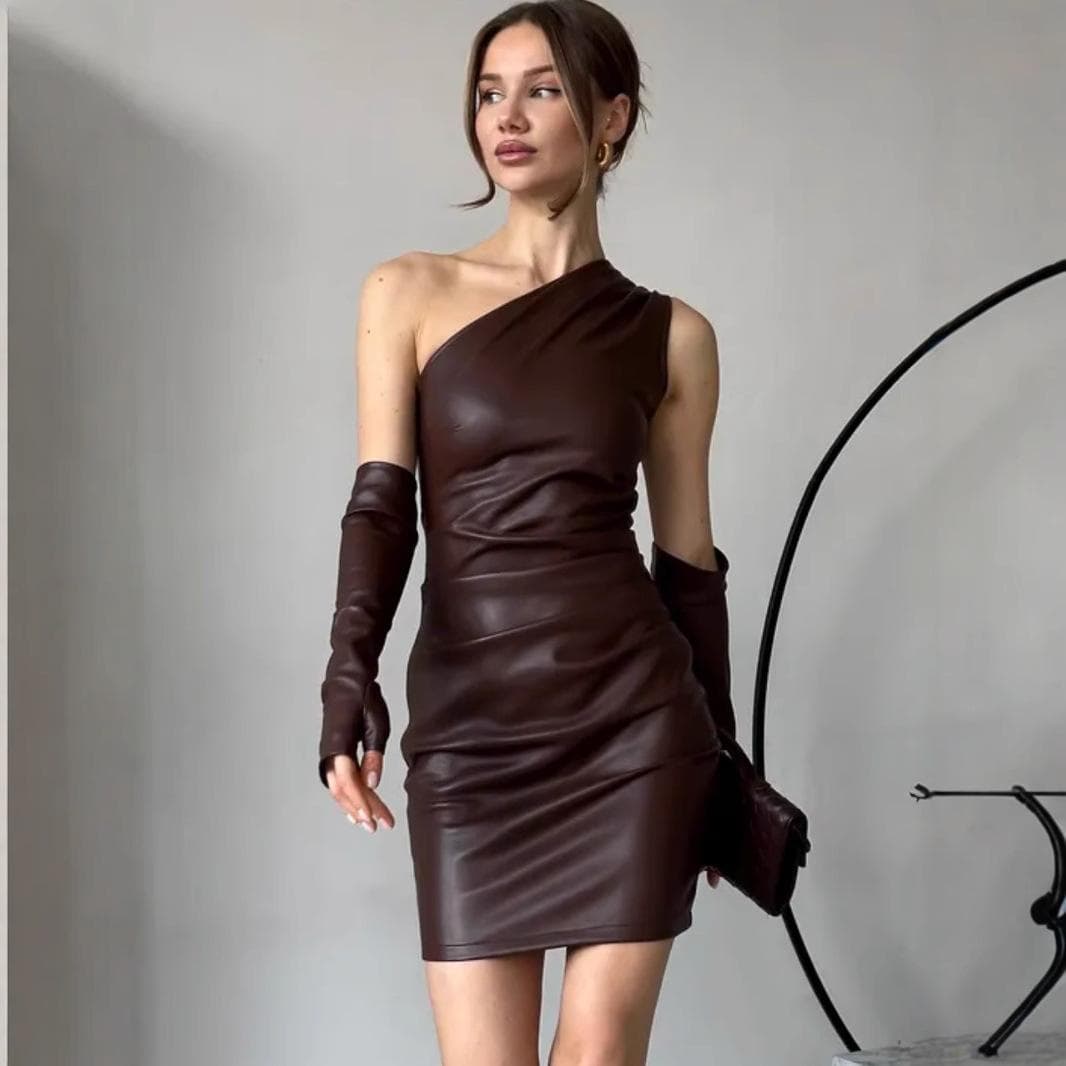 PU Skirt Women's Slanted Collar Sleeveless Sleeved Sleeve Waistband Hip Dress S