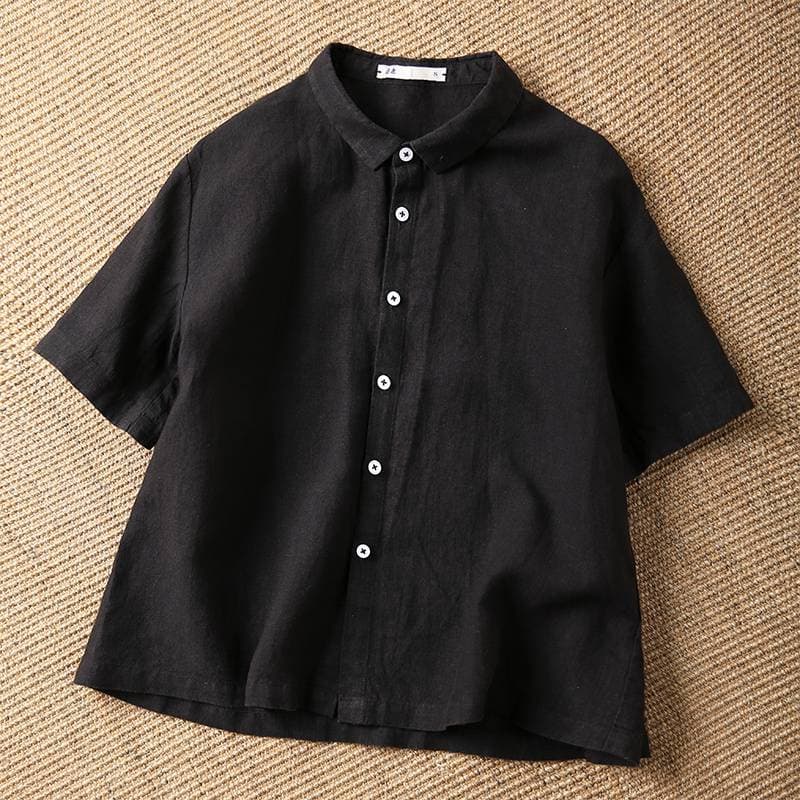 Summer Linen Thin Style Solid Color Retro Short Sleeved Shirt Top Women's Suit Collar Short Style Small Versatile Blouses & Shirts M black