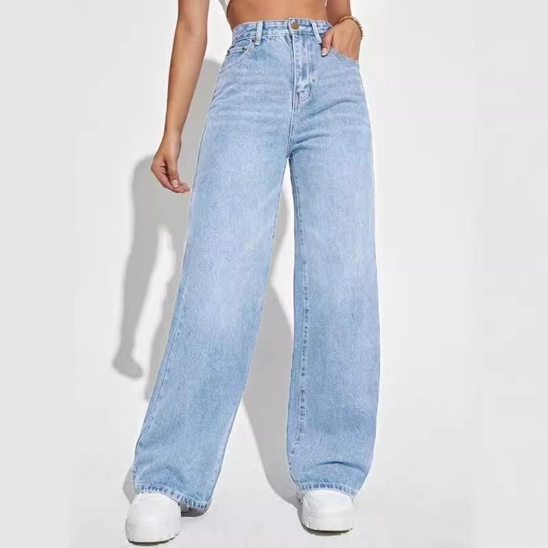Fashion High Waist Straight Jeans Women Autumn Blue Casual Loose Wide Leg Jeans Trousers Striped Palazzo Pants XS light blue