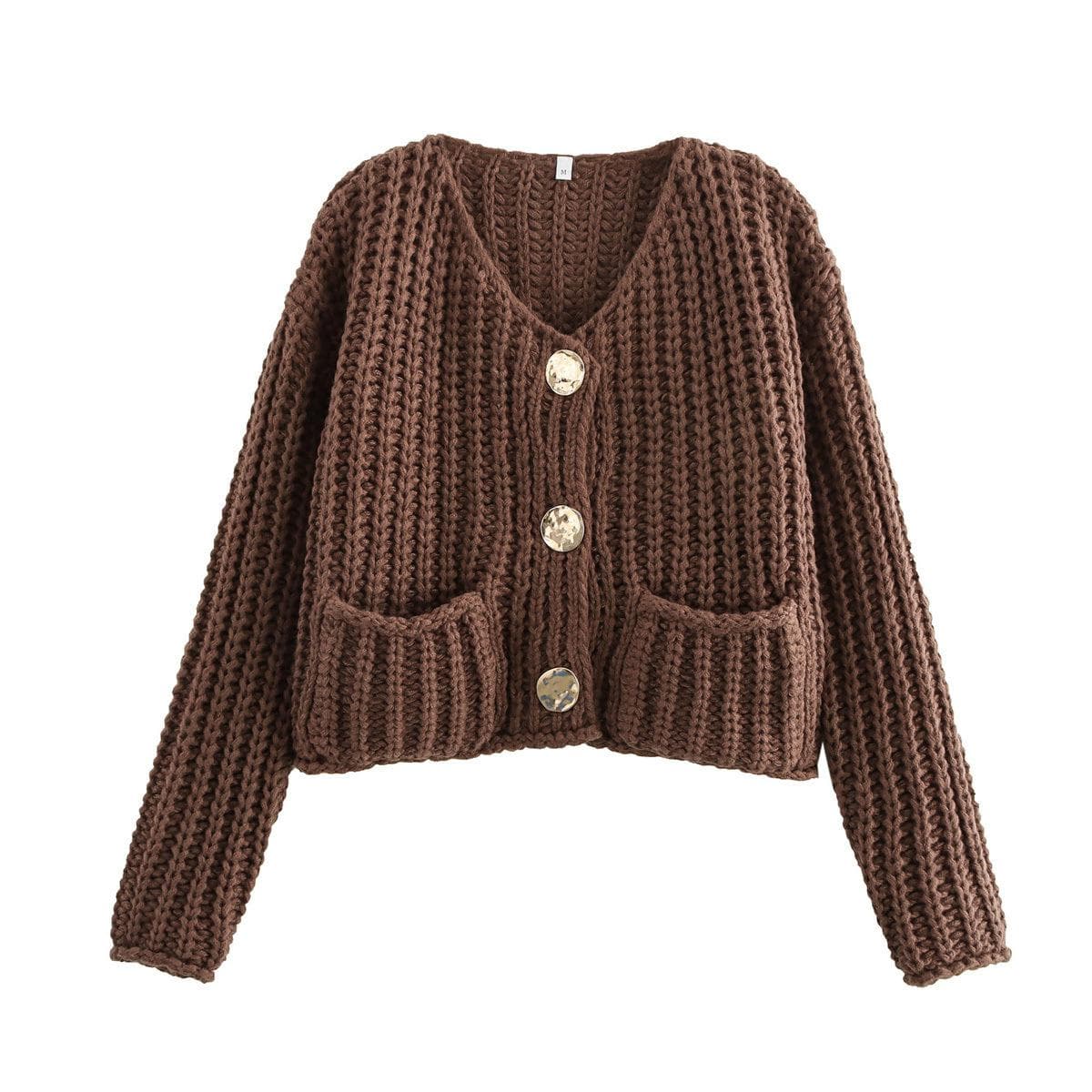 Women's Solid Color Single Breasted Double Pocket Short Coarse Knitted Sweater Jacket Top L