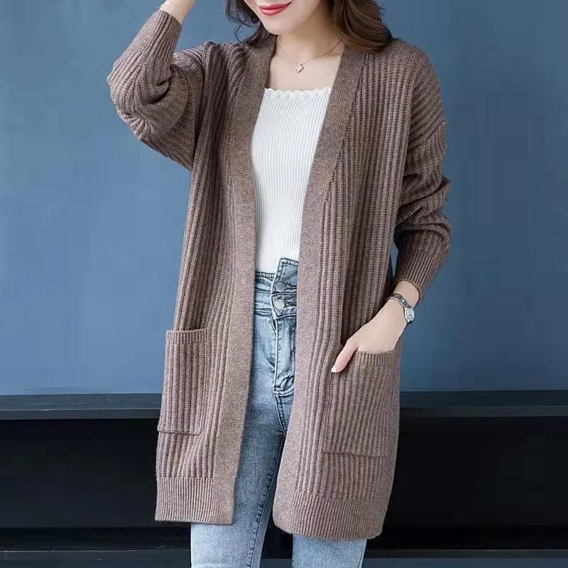 Spring and Autumn Sweater Knit Cardigan Women's Wild Long Sleeve Loose Outer Korean Jacket Mid-length Outer S brown