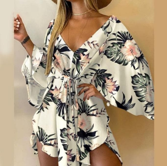 Summer Women's Sexy V-Neck Irregular Bat Sleeve Tie Dress M