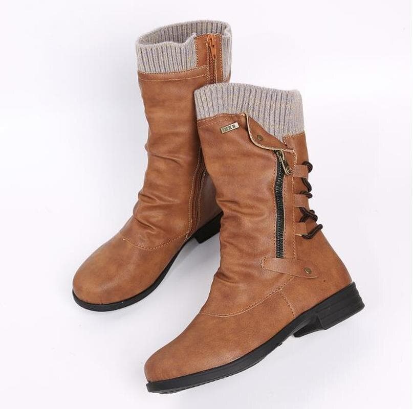 Women Mid-Calf Boots Autumn Winter Female Casual Shoes Flat Fashion Platform Round Toe Zip Solid Plus Size 35-43 38 brown