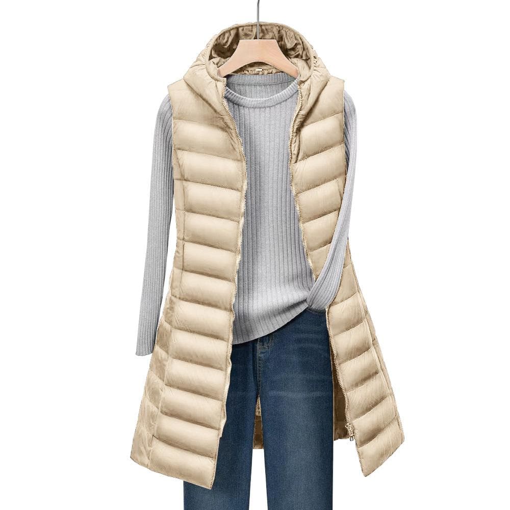 Autumn and Winter Women's Mid-length Hooded Lightweight Down Jacket Vest and Cotton Vest XL khaki