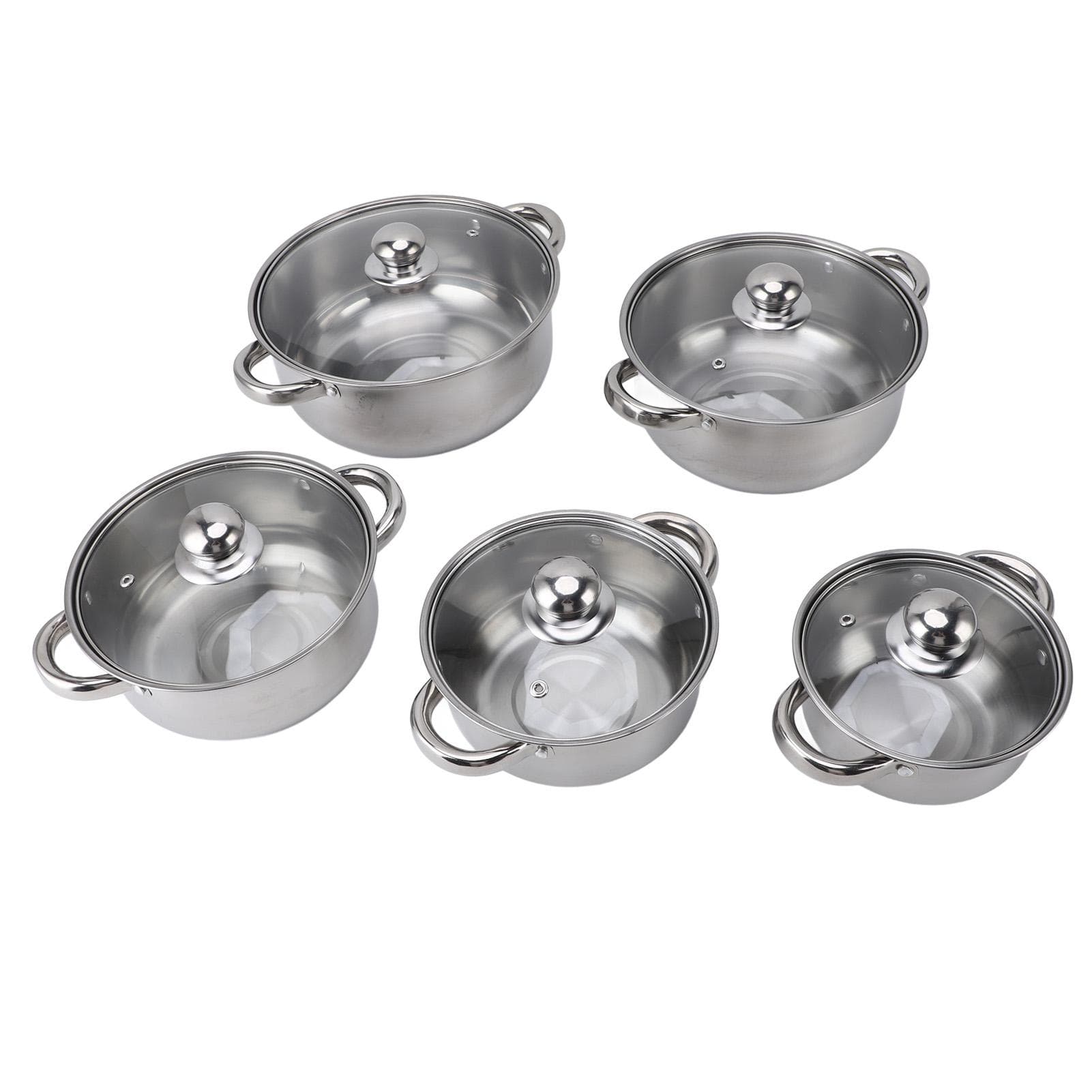 5pcs Stainless Steel Pots Kitchen Cookware Set Saucepan with Glass Lid Stockpot Soup Pot with 2 Ear