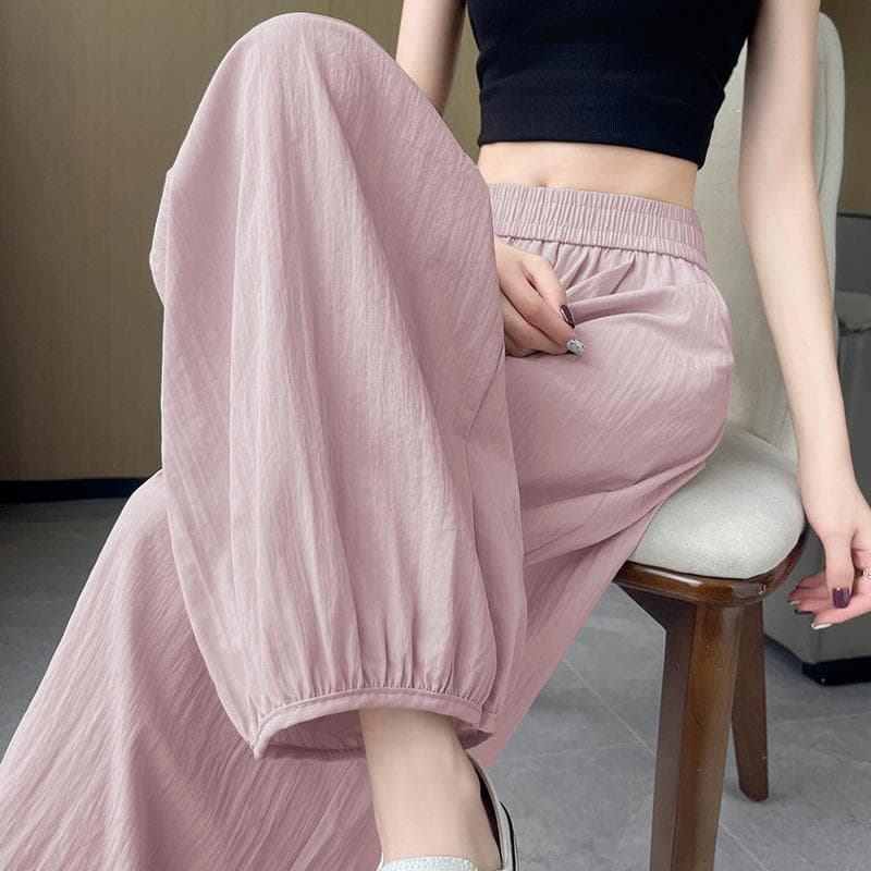 Casual Carrot Pants Elastic Waist Drawstring Loose Long Pants Ice Silk Wide Leg Trousers for Women S pink
