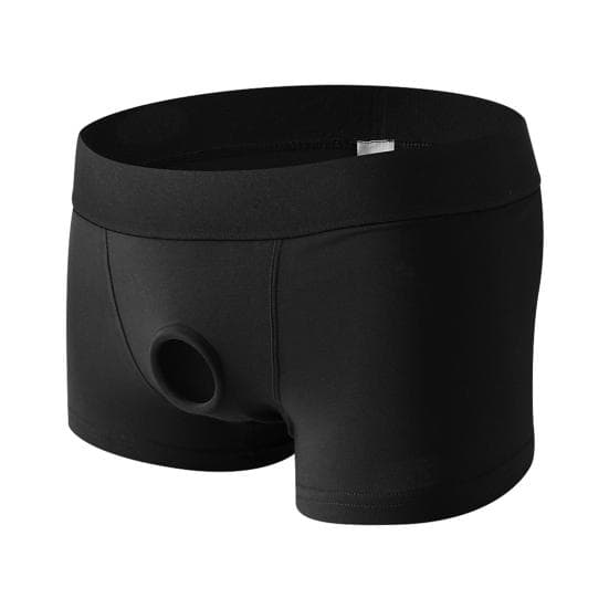 Men Boxer Underwear Low Waist Breathable Design Front Opening Shorts Panties with Silicone Ring Daily Wear L black