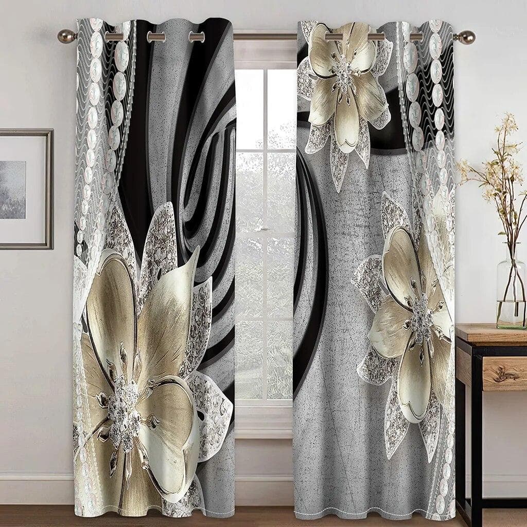 3D Flower Curtains For Living Room Bedroom Kitchen Black And White Vortex Three-dimensional Luxury Curtain For Windows Drapes W50xH160(CM)x2PCS-Grommet Top
