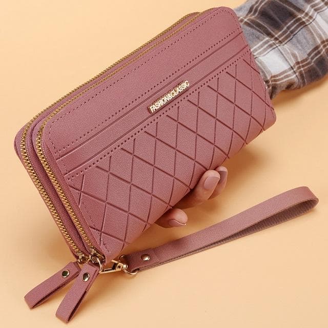 Double Zipper Long Wallet For Women Simple Female Purses Coin Purse Card Holder Fashion Retro Large Capacity dark pink