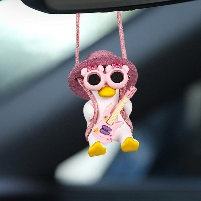 1pc Lady's Auto Accessories - Swaying Duck Rearview Mirror Hanging Decor, Cute Auto Pendant, Car Ornament Pink Hat + Pink Guitar