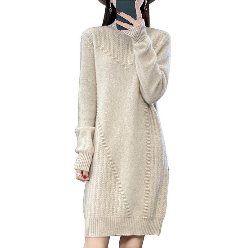 Half Turtleneck Wool Dress for Women In Autumn and Winter Style Slim Mid-length Sweater Soft and Close Body Warm Hip-covering Skirt XL
