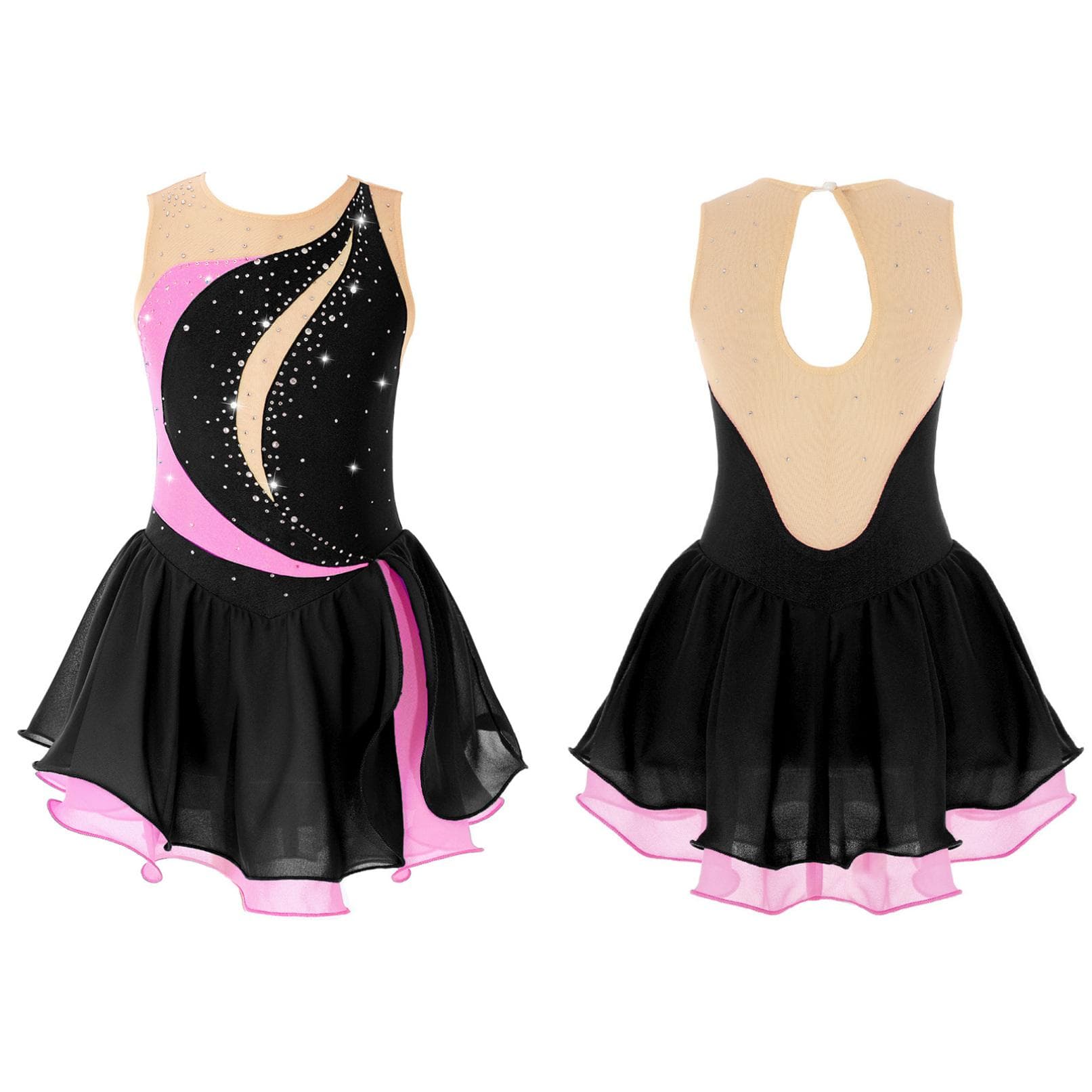 Girls' Figure Skating Dress Sleeveless Glitter Rhinestone Ballet Leotard Dress Competition Costume Gymnastics Suit 11-12 Years black
