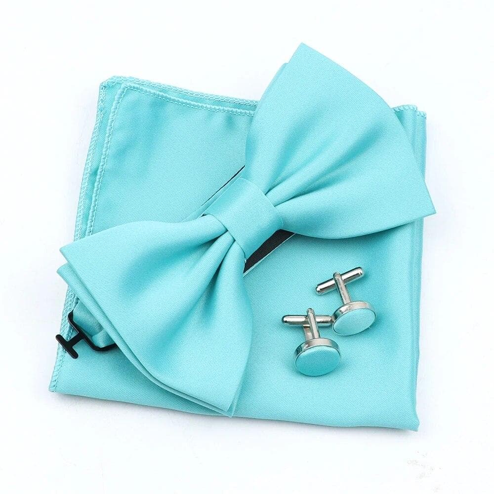 Solid Color Mens Bowtie Handkerchief Cufflinks Set Polyester Butterfly Wedding Party Dinner Accessories