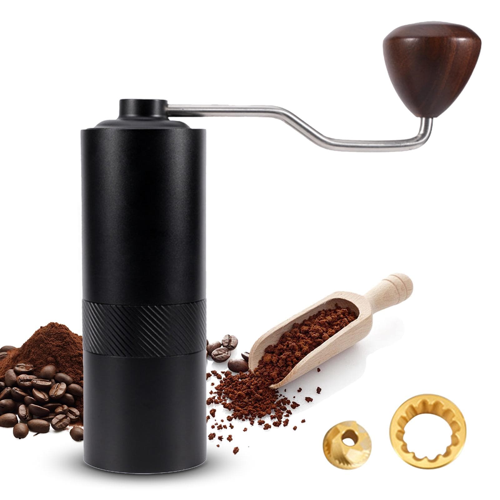 Manual Coffee Bean Grinder with Ergonomic Wood Crank 6 Core Conical Burr Digital Grinding Degree Titanium plating burr black