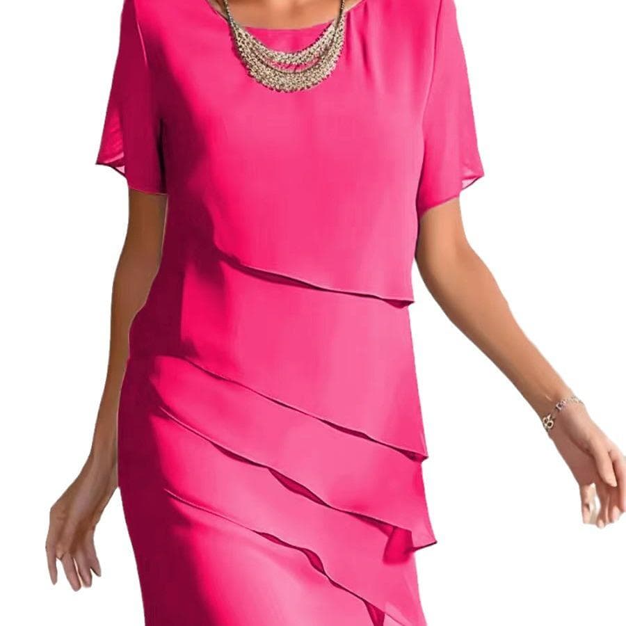 Summer Dress Patchwork Crewneck Short-sleeved Dress M rose red