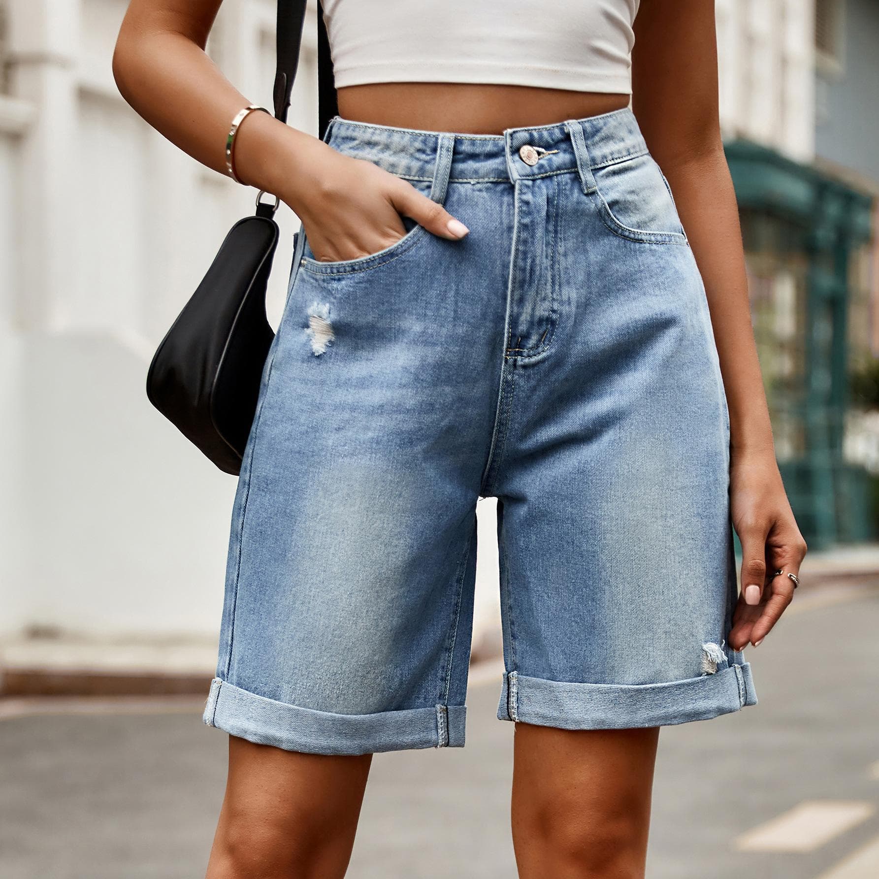 Hole Jeans Women Vintage Straight Fifth Pants Knee Length Distressed Washed Mid Waist Pockets Female Denims Streetwear S blue