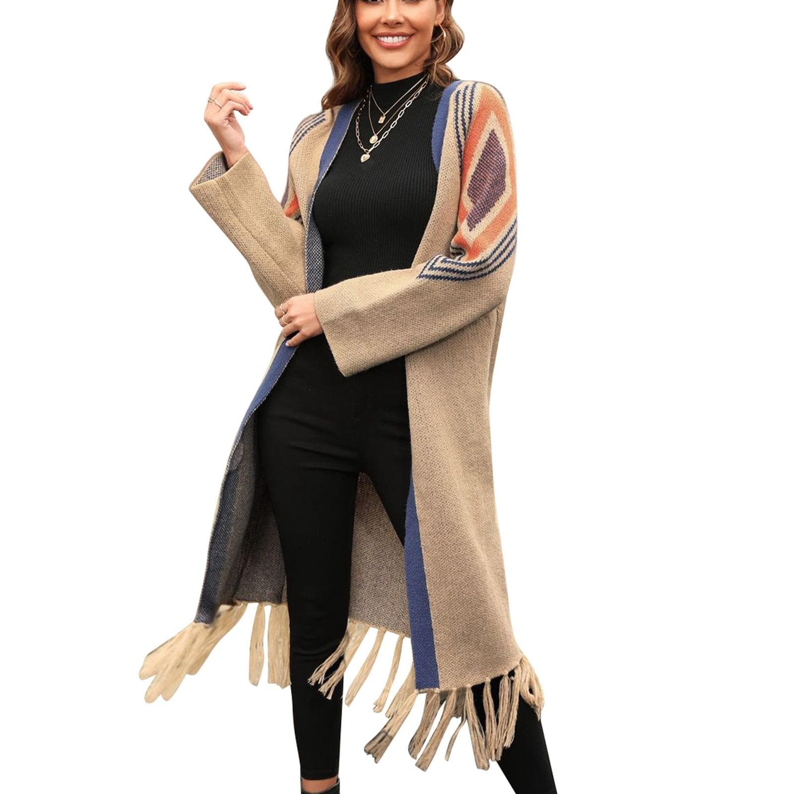 Women Open Front Sweater Long Sleeve Contrast Color Tassel Decor Knit Outwear Stylish Lady Sweater S khaki