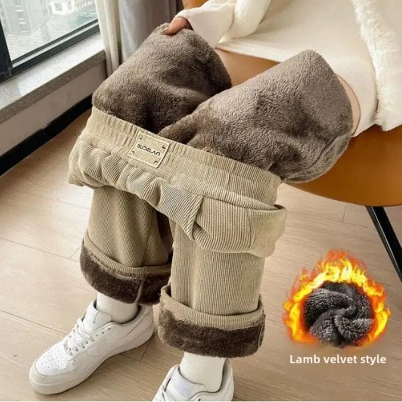 Women's Autumn Winter Fleece-Lined Bell Bottom Corduroy Pants Thickened Casual Straight-Leg Trousers Outerwear XXXL khaki