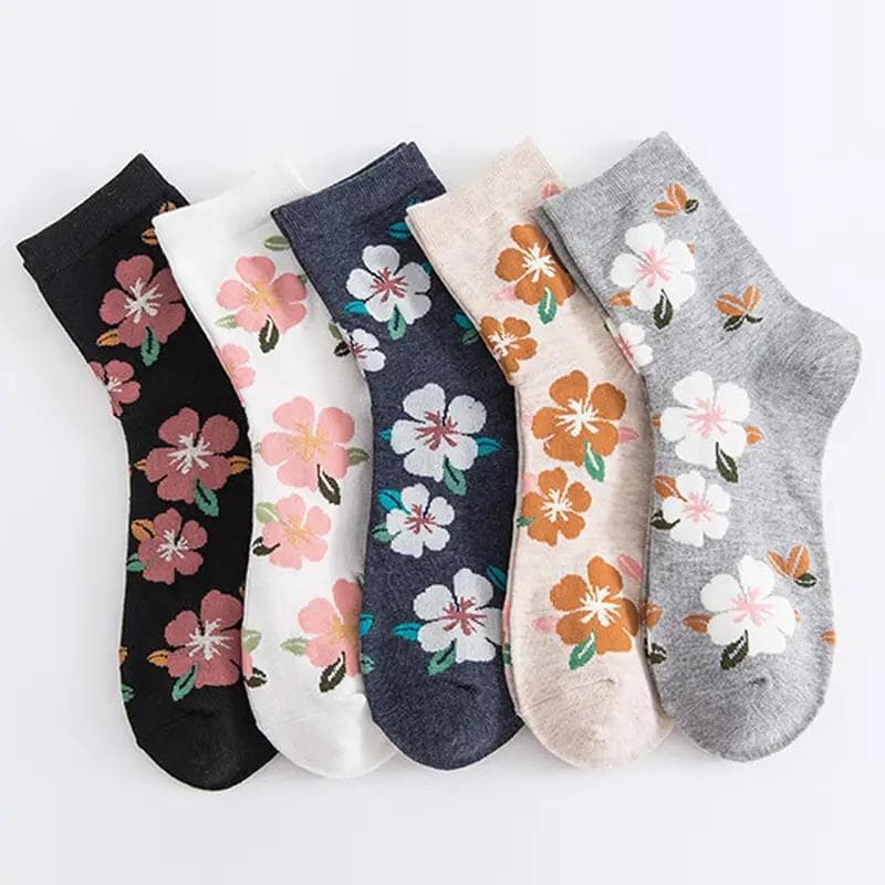5 Pairs Womens Floral Cotton Socks Vintage Patterned Crew Socks Novelty Ankle Ruffled Warm Casual Dress Socks