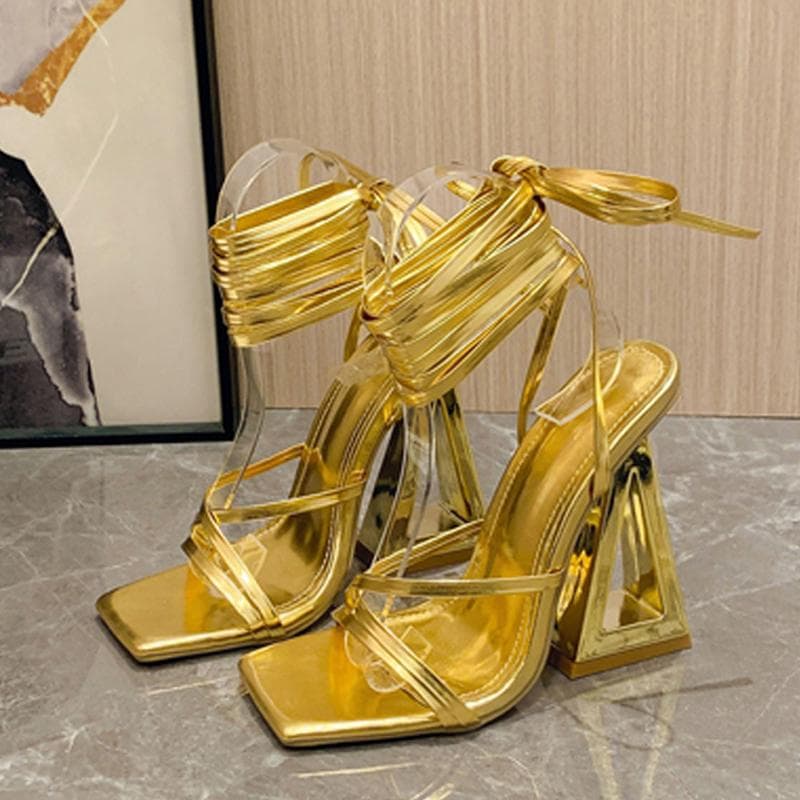 Liyke New Style Chic Triangle Thick Heels Gladiator Sandals Women Summer Sexy Street Square Toe Cross-Tied Dress Party Gold Shoe 35 golden