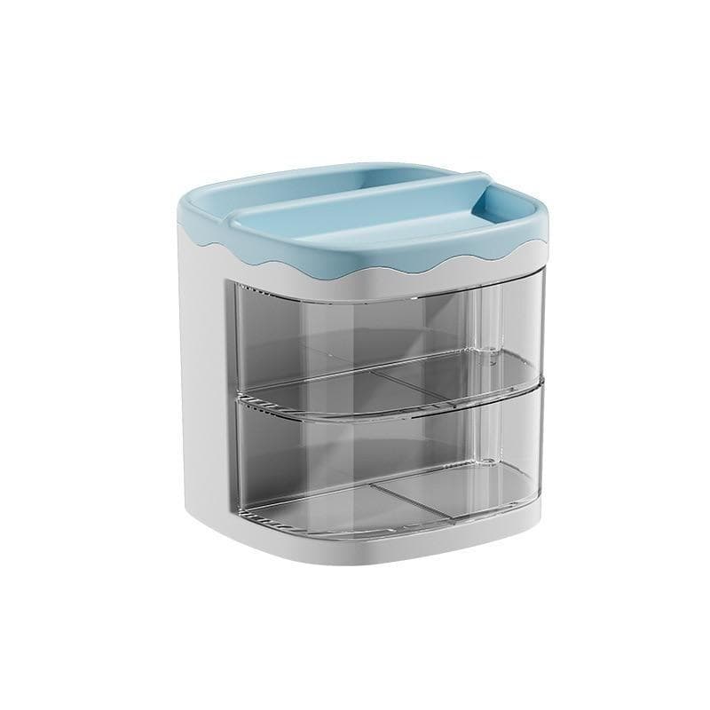 Practical Double Layers Rotating Pencils Storage Rack Multi-Functional Desk Organizer Pen Holder Student Cosmetics Storage Shelf blue
