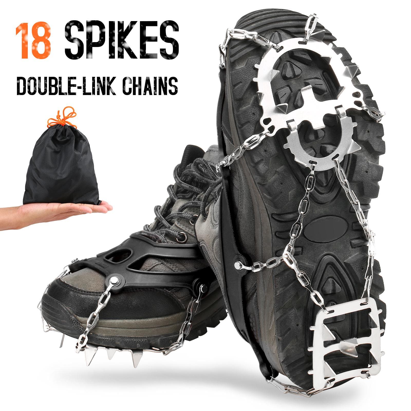18 Spikes Traction Cleats Women Men Anti-slip Ice Snow Grips with Storage Pouch for Walking Hiking XL black