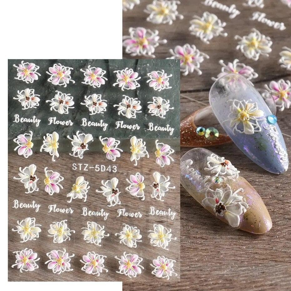 5D Acrylic Flowers Nail Stickers Nails Art Decals Floral Lace Nail Slider Summer Manicure Decor Foils STZ-5D43
