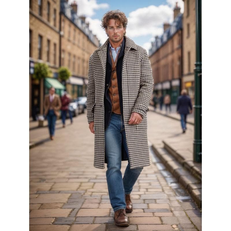 New Autumn and Winter Men's Mid-length Woolen Coat Houndstooth Pattern Quilted Thickened Coat XL