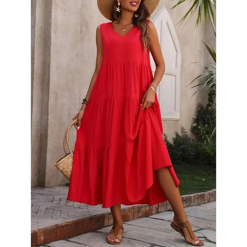 2025 Women Dress Summer Casual Vacation Holiday Beach Long Dresses V-neck Loose Elegant Yellow Black RUFFLES Dress Femme XL red
