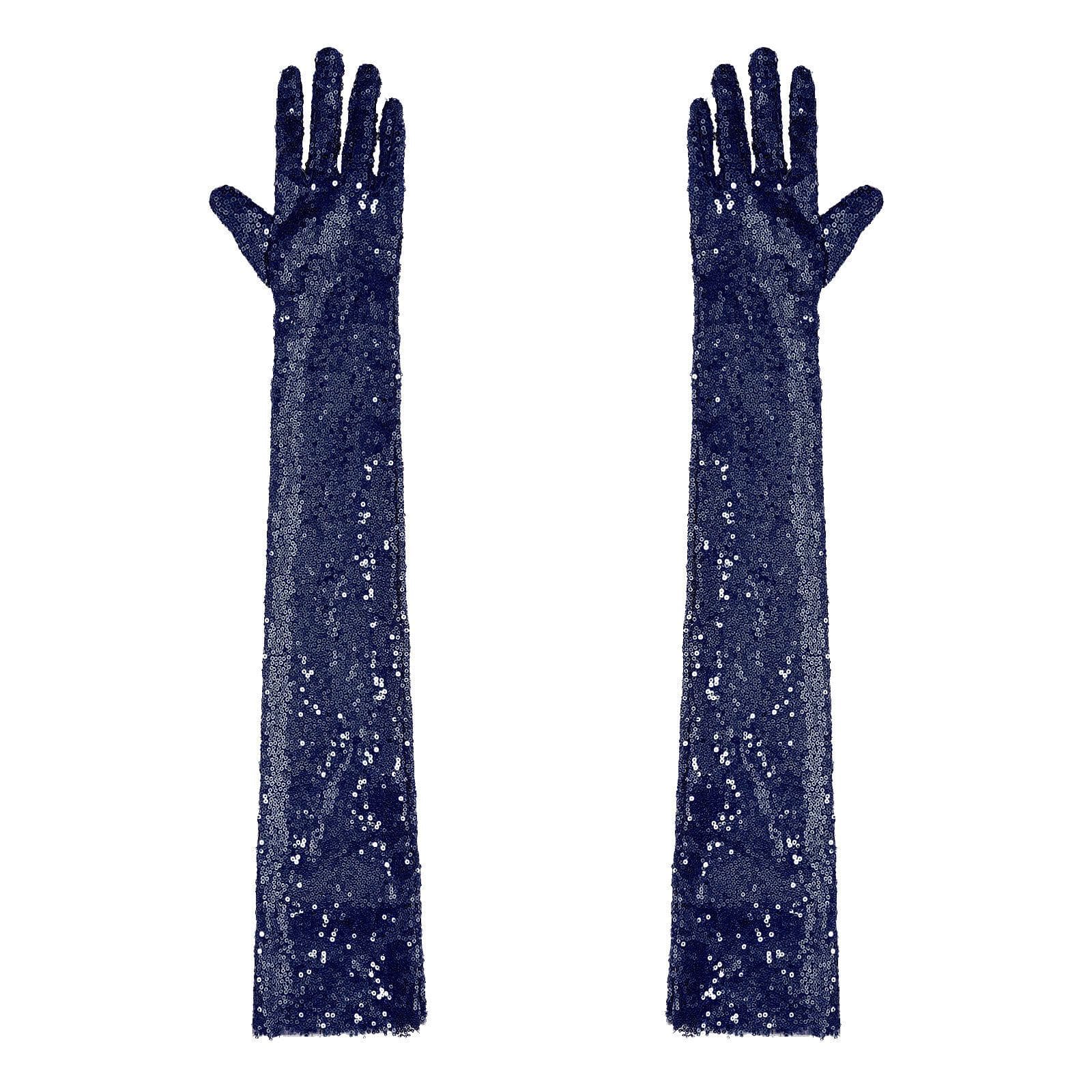 Womens Shiny Sequin Mesh Long Gloves Elbow Length Vintage Long Gloves for Opera Evening navy blue