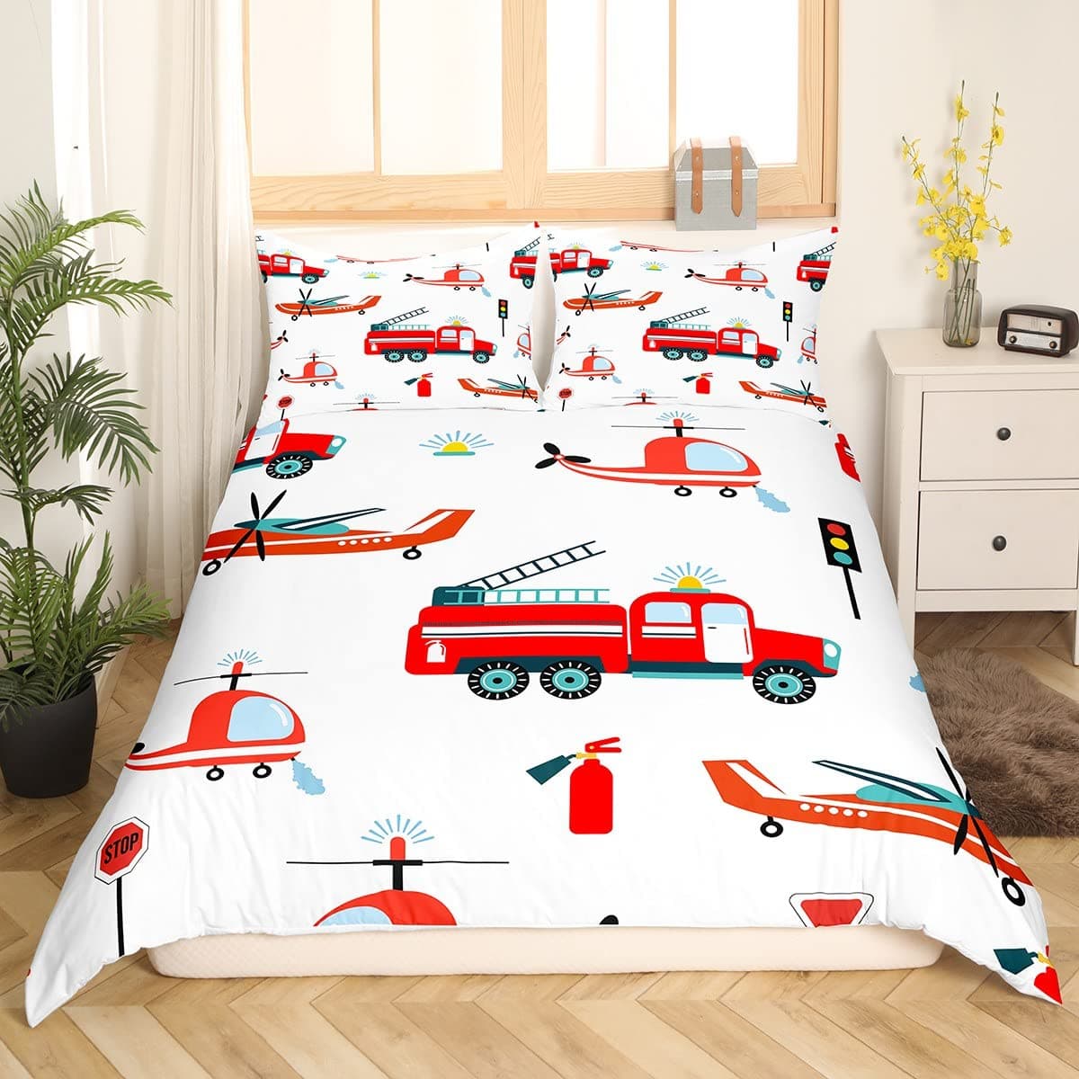 Fire Truck King Queen Duvet Cover Cartoon Police Car Bedding Set for Kids Boys Firefighter Quilt Cover Polyester Comforter Cover 140x210cm 2pcs