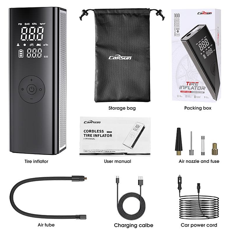 CARSUN Portable Air Pump Car Wireless Air Compressor Motorcycle Pickup Truck Digital 7600 MAh Ultra-high Power Tire Pump with Power Bank Flashlight black
