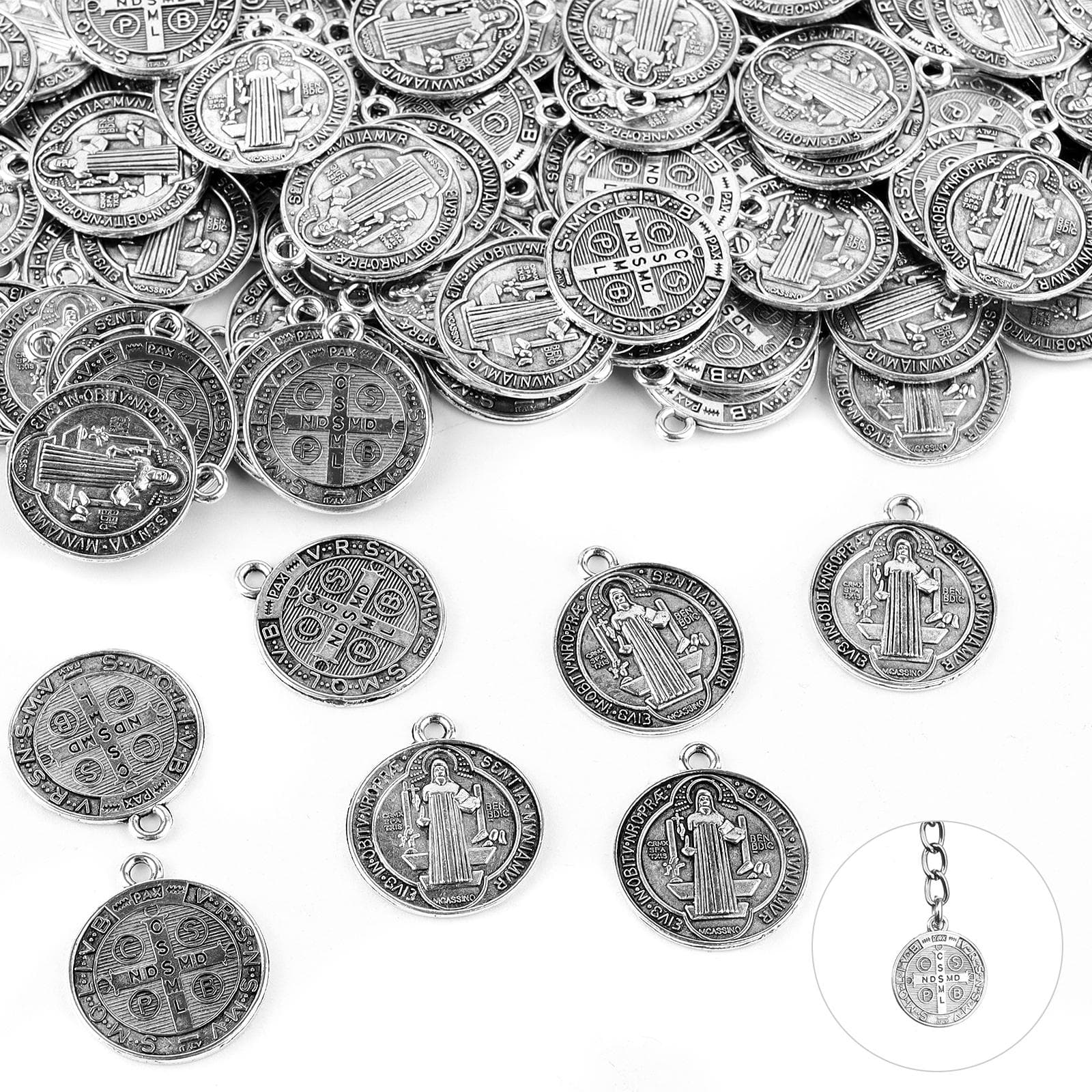50 Pcs Jesus Cross St. Benedict Medals Charms Alloy Religious Pendants silver