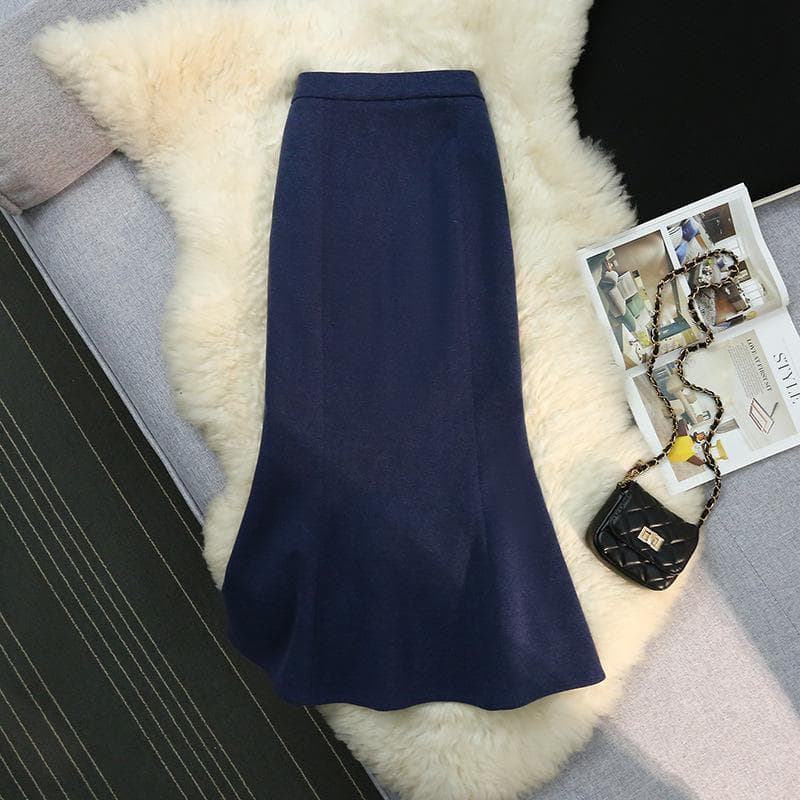 Woolen Fishtail Skirt for Women In Winter Ruffle Hip Mid-length Skirt Light-cooked Style Skirt XL