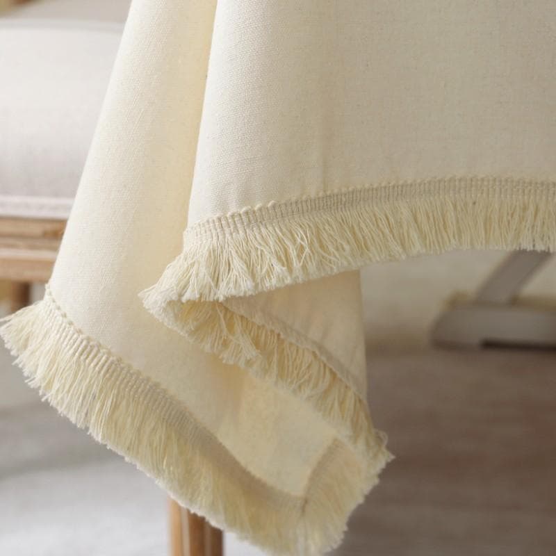 Cotton Linen Beige Thickened Tablecloth Simple Hollow Splicing Desk Cover Household Dust Proof Decorative Picnic Table Cloth 140x160cm