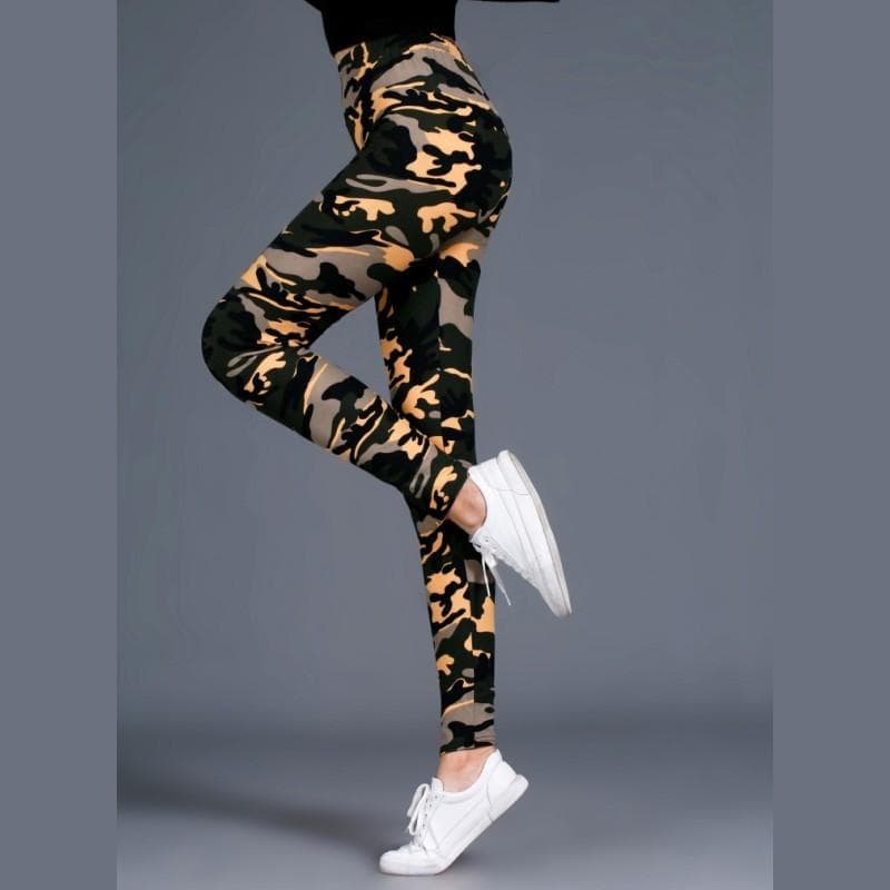 Fashion Women Camouflage Printing Yoga Leggings Girl Slim Cropped Trousers High Elasticity Skinny Casual Legging Pants One Size (50-70 kg) yellow/black