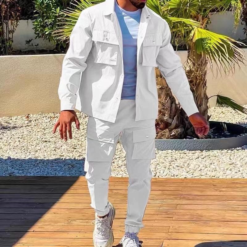 Men's Jacket Cargo Pants Set with Pocket Button Spring Fall Blue Tracksuit Solid Color Male Fashion 2 Pieces Suit L white