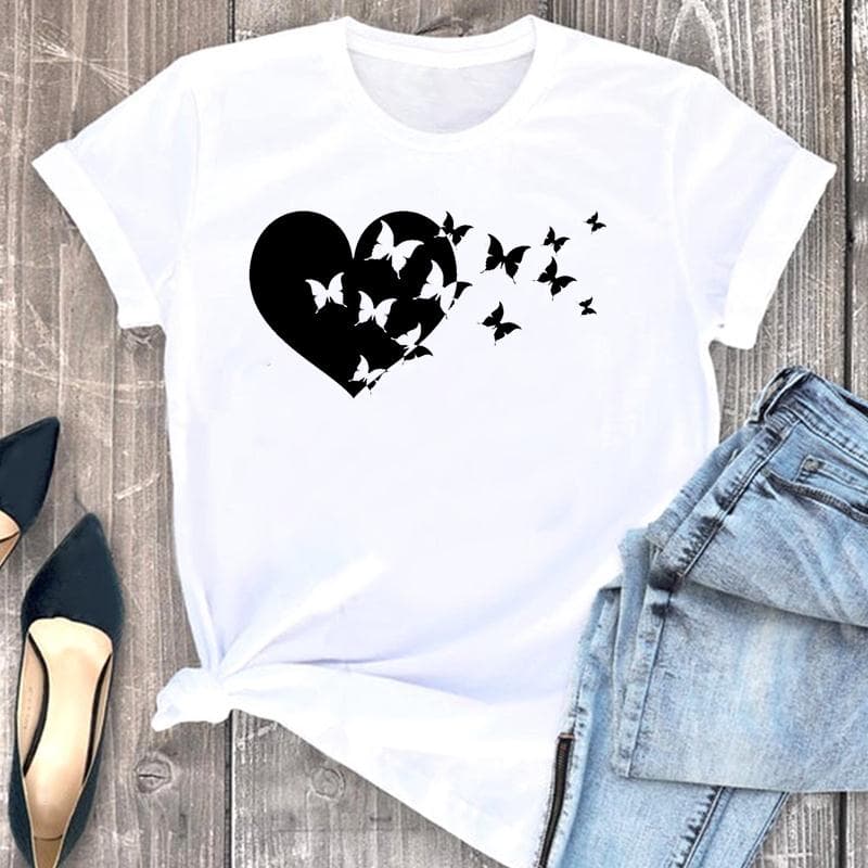 Women's Print Tee Top Summer Fashion Tshirt Love Heart Butterfly Sweet Trend Woman Female T Clothing Short Sleeve Graphic T-shirts L