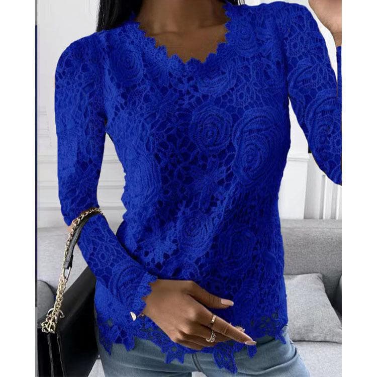 European & American Women's Lace Long Sleeve Tops - Autumn/Winter Collection M blue